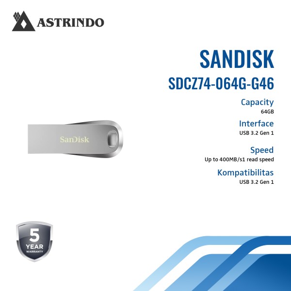 SanDisk Ultra Luxe USB 3.2 Gen 1 with up to 400MB/s1 read speeds Flash Drive - 64GB
