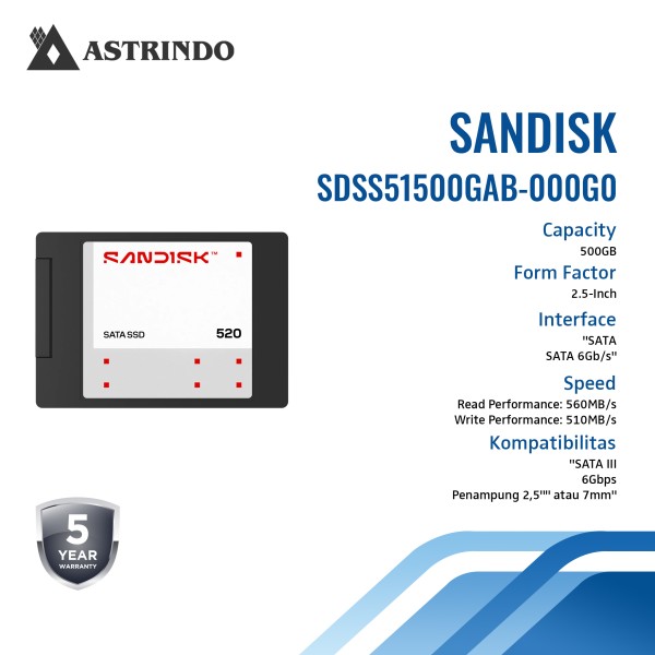 SANDISK 520 SATA SSD Read Performance Up to 560MB/s, 2.5-Inch - 500GB