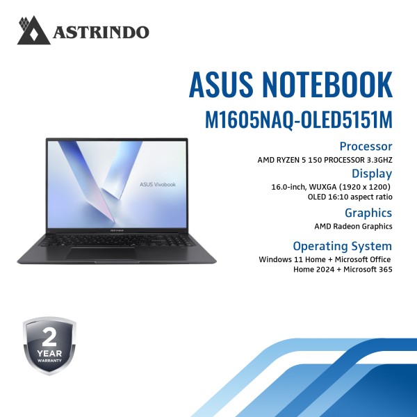 Asus Vivobook 16 M1605NAQ OLED5151M/Ryzen 5-150/16GB/512GB SSD/14″ WUXGA OLED/Win 11 Home + OHM 2024