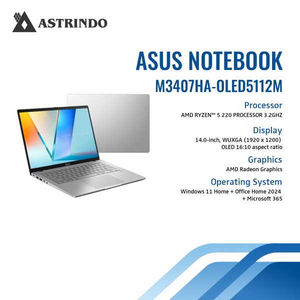 Asus Vivobook S14 M3407HA OLED5112M/Ryzen 5-220/16GB/1TB SSD/14″ WUXGA OLED/Win 11 Home + OHM 2024