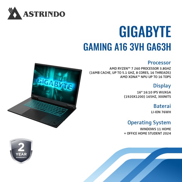 GIGABYTE GAMING A16 3VH 16"/R7 260/RTX 5060/16GB/512GB SSD/Windows 11 Home+ Office Home Student 2024