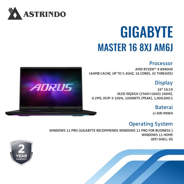 Gigabyte AORUS MASTER 16 8XJ AMD Ryzen™ 9 8940HX, 5-degree Black